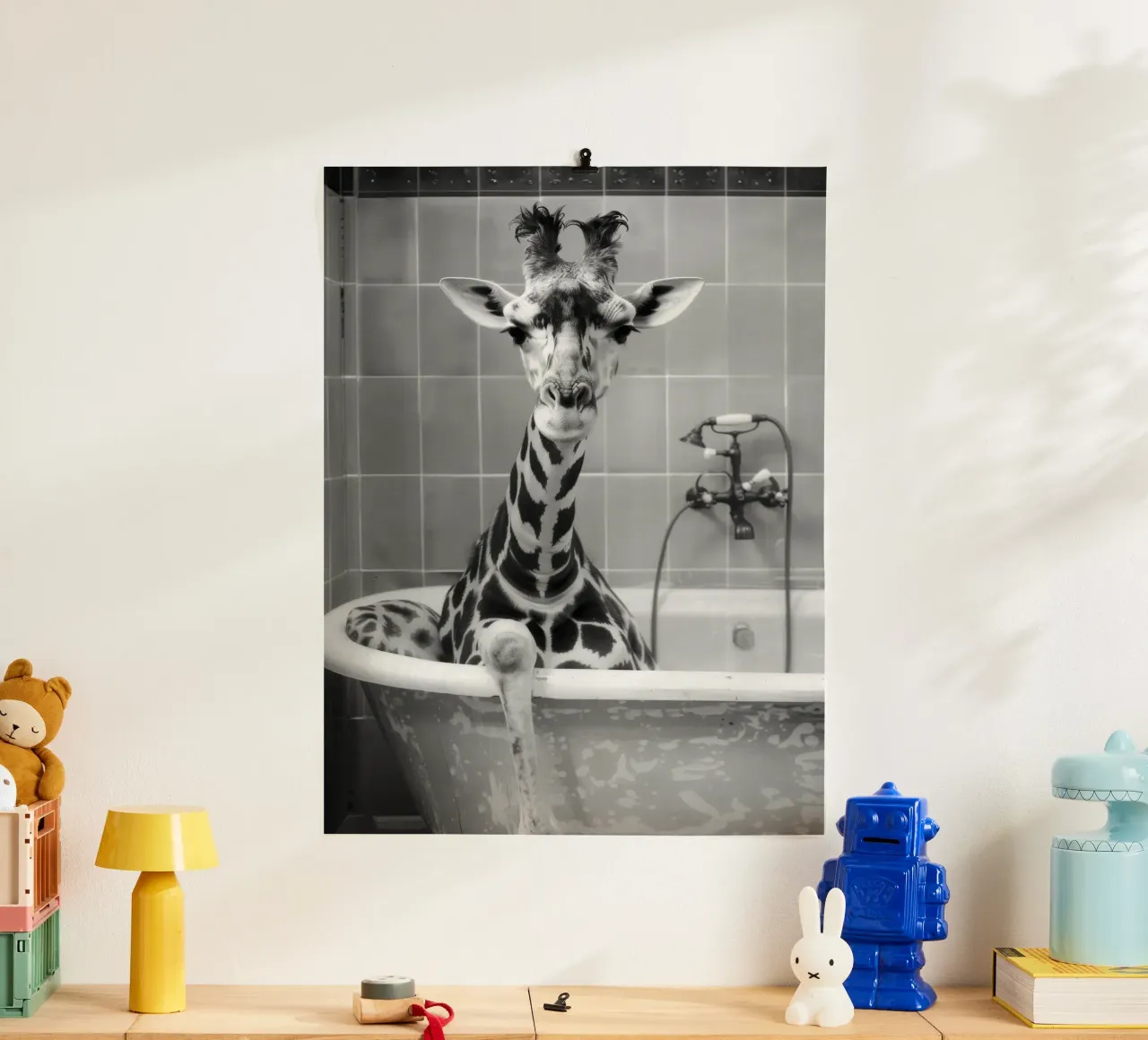 Giraffe in the bathtub poster con telaio in legno da LisaArtes