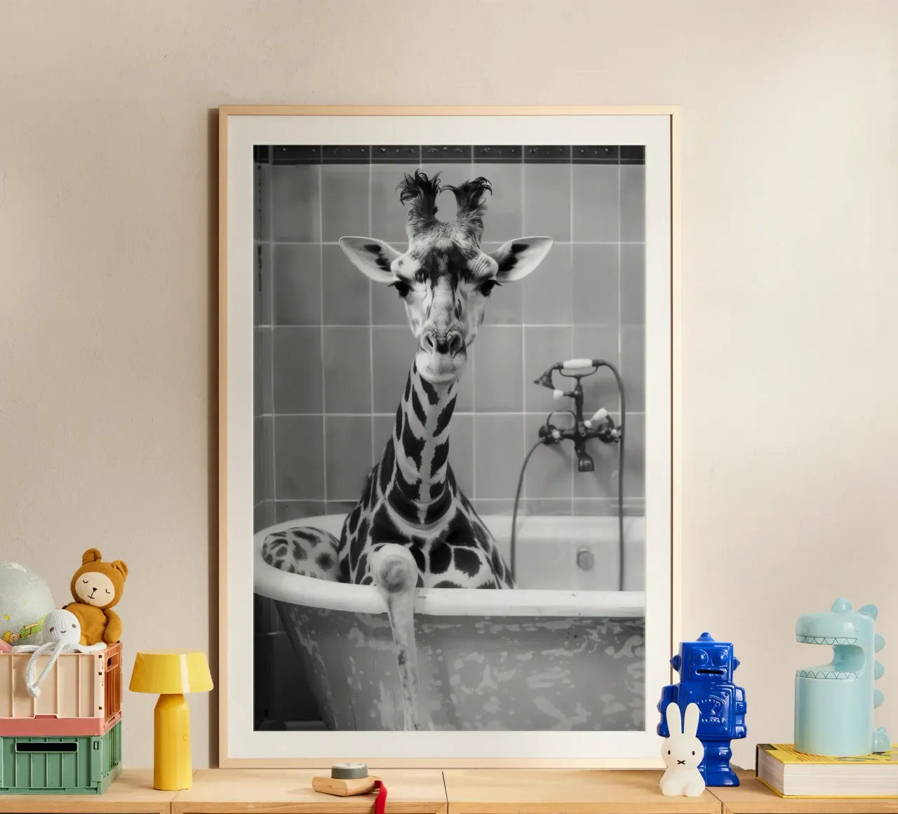 Giraffe in the bathtub poster con telaio in legno da LisaArtes