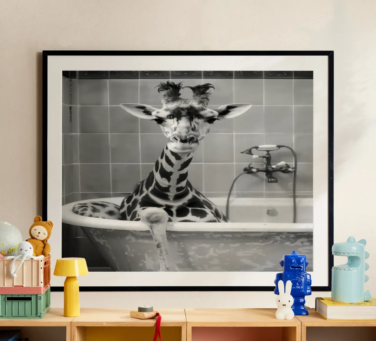 Giraffe in the bathtub poster con telaio in legno da LisaArtes