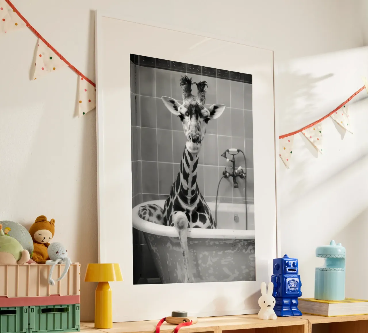 Giraffe in the bathtub poster con telaio in legno da LisaArtes