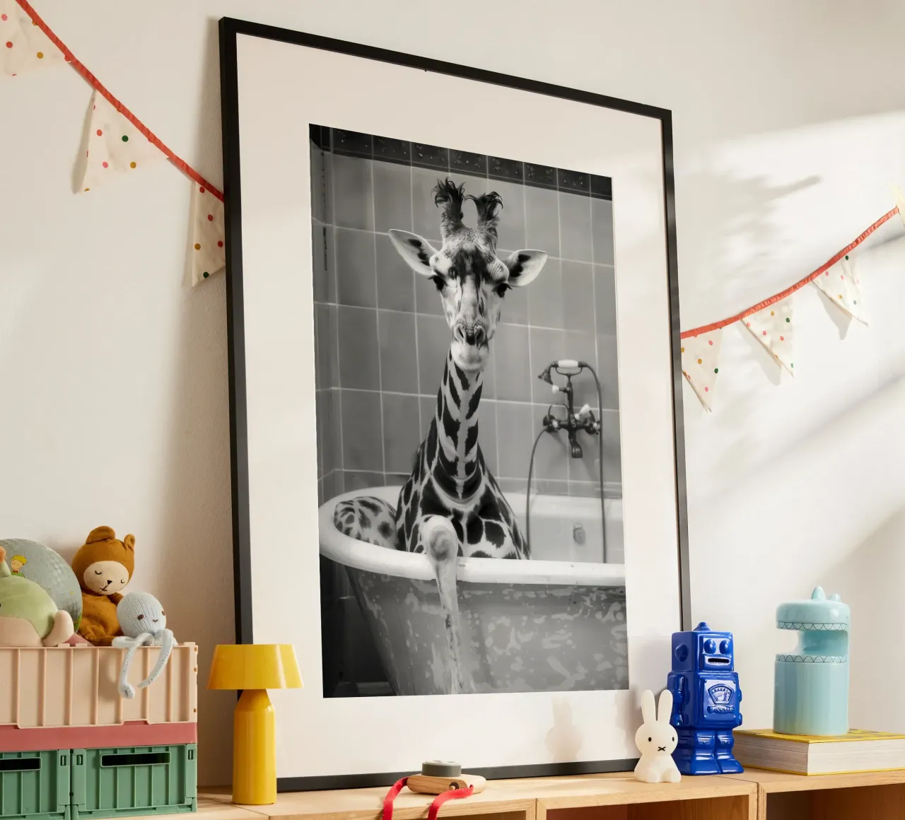 Giraffe in the bathtub poster con telaio in legno da LisaArtes
