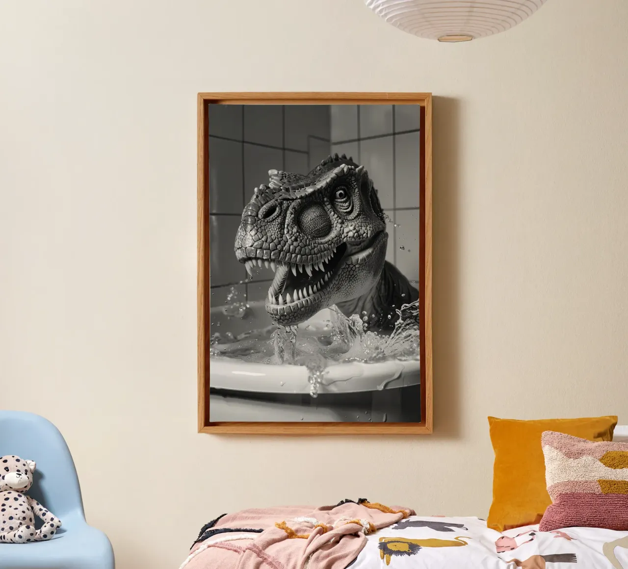 Dinosaur having fun in the bathtub tela con Cornice a cassetta da LisaArtes