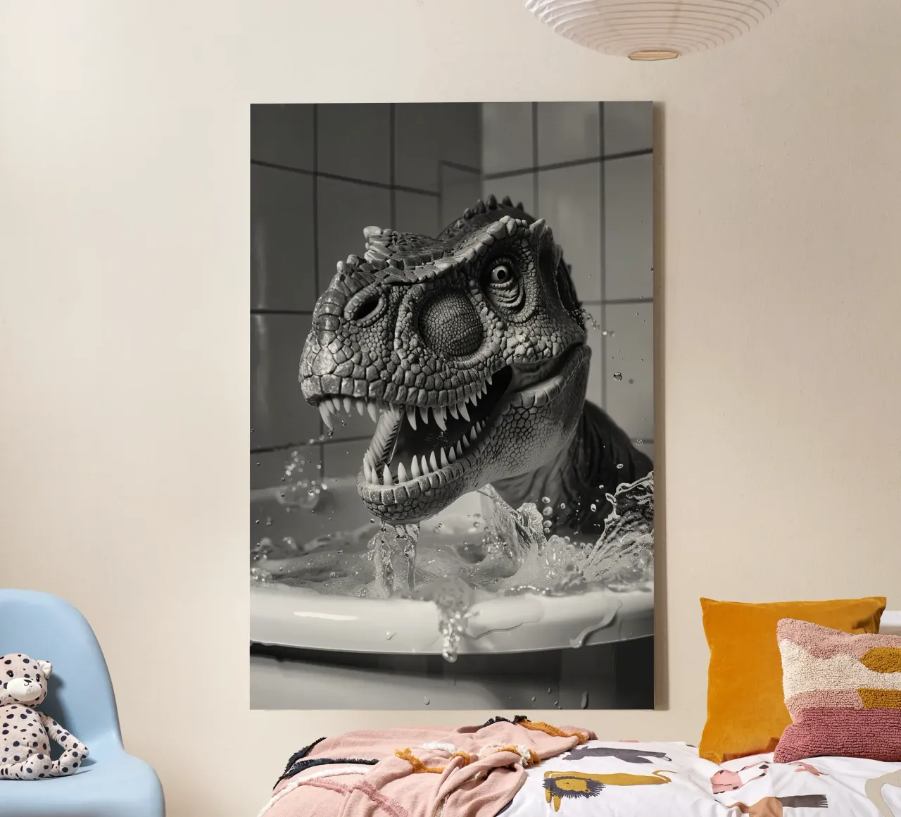 Dinosaur having fun in the bathtub tela con Cornice a cassetta da LisaArtes