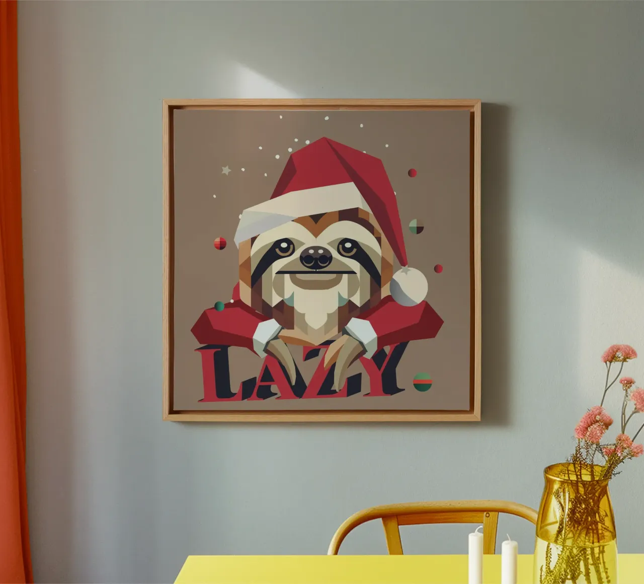 Cosy sloth in a Christmas look - humorous and festive canvas with Floater frame by namosh