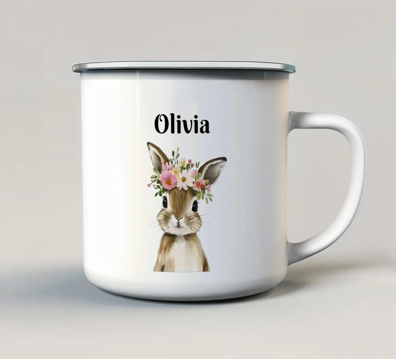 Coniglietto con corona floreale tazza in smalto da IamHomeStudio