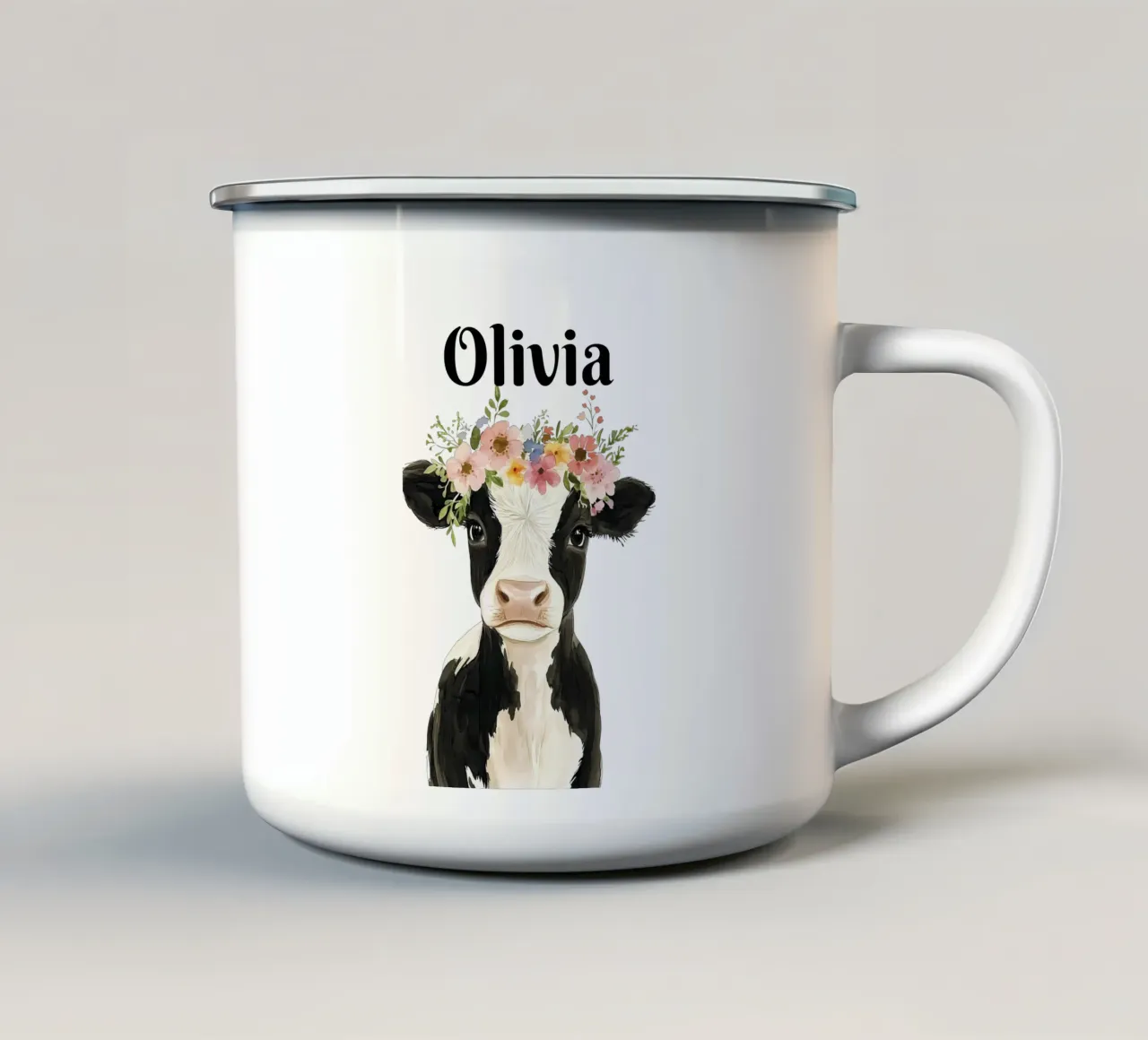 Mucca neonata con corona floreale tazza in smalto da IamHomeStudio
