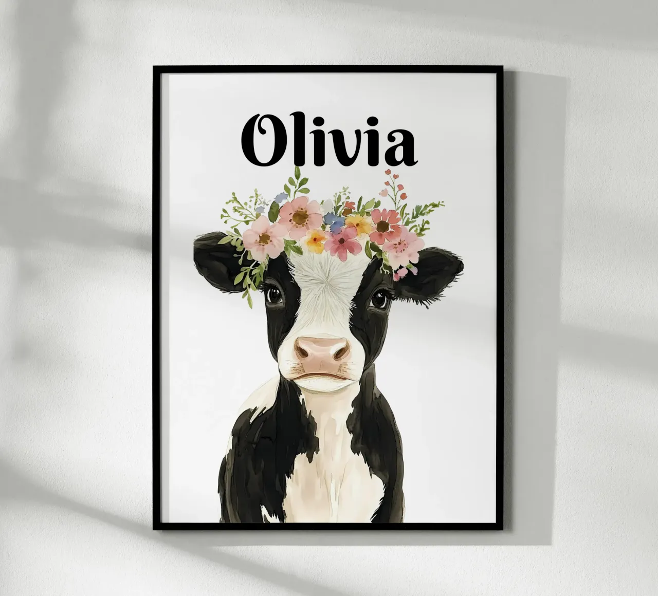 Mucca neonata con corona floreale poster con telaio in plastica da IamHomeStudio