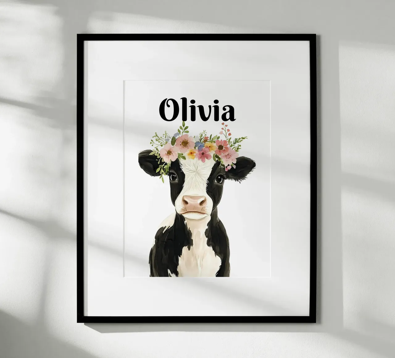 Mucca neonata con corona floreale poster con telaio in plastica da IamHomeStudio