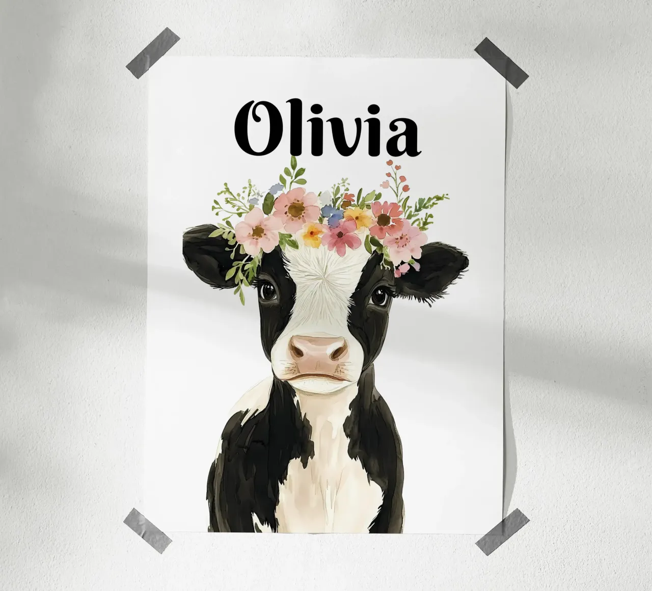 Mucca neonata con corona floreale poster con telaio in plastica da IamHomeStudio