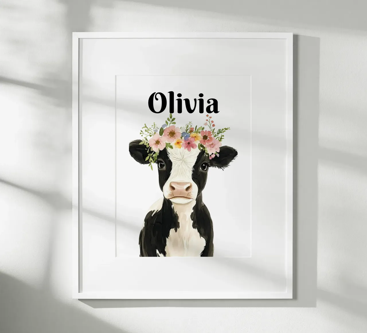 Mucca neonata con corona floreale poster con telaio in plastica da IamHomeStudio