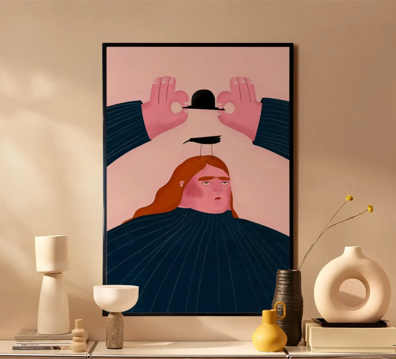 Oh.Ofi - Vogel auf dem Kopf poster con telaio in alluminio da The Artcircle