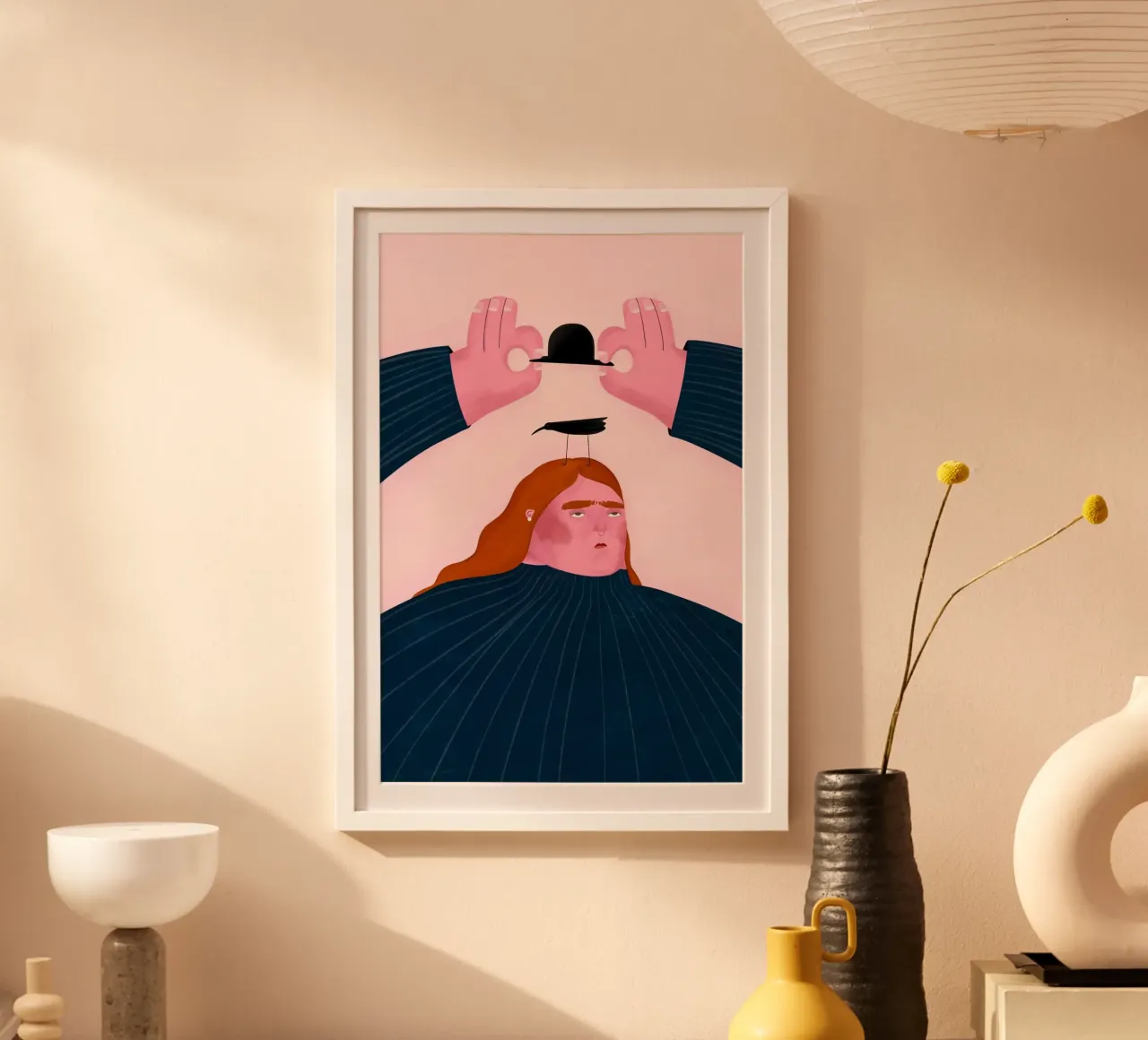 Oh.Ofi - Vogel auf dem Kopf poster con telaio in alluminio da The Artcircle