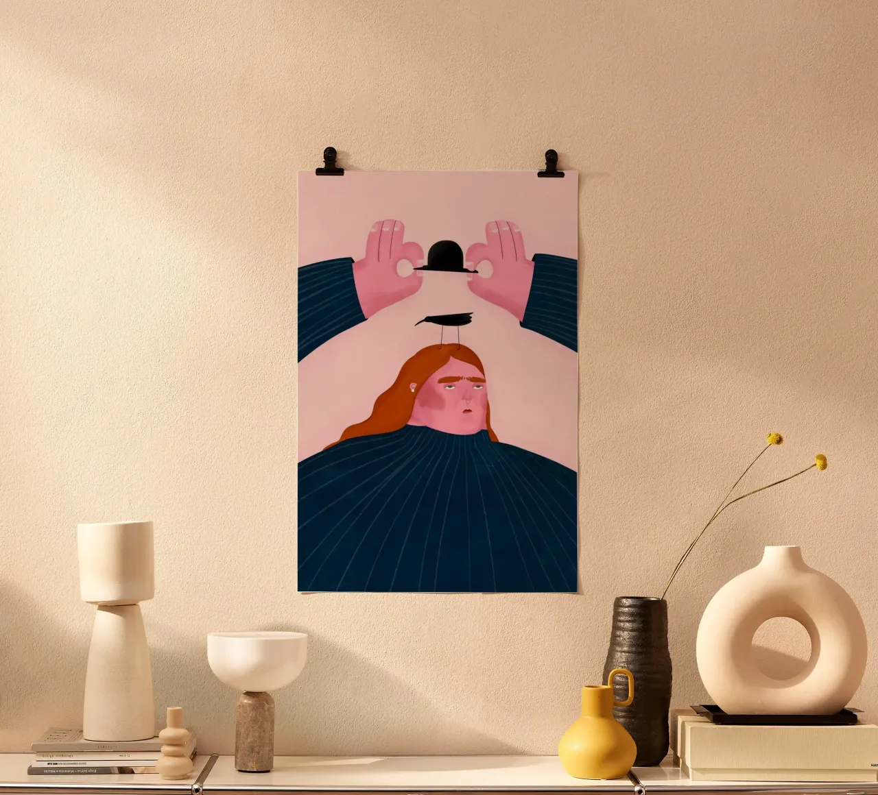 Oh.Ofi - Vogel auf dem Kopf poster con telaio in alluminio da The Artcircle