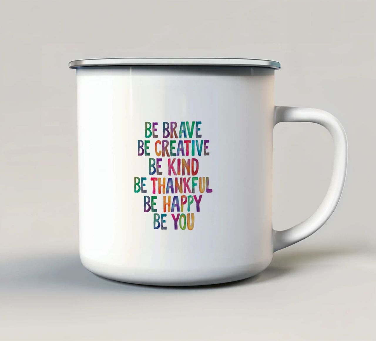Sei mutig Sei kreativ Sei freundlich Sei dankbar Sei glücklich Sei du Emaille Tasse von THE MOTIVATED TYPE