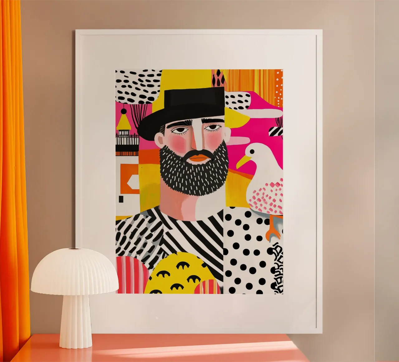 Impressioni marittime con pescatore, gabbiano e faro poster con telaio in legno da Autofocus