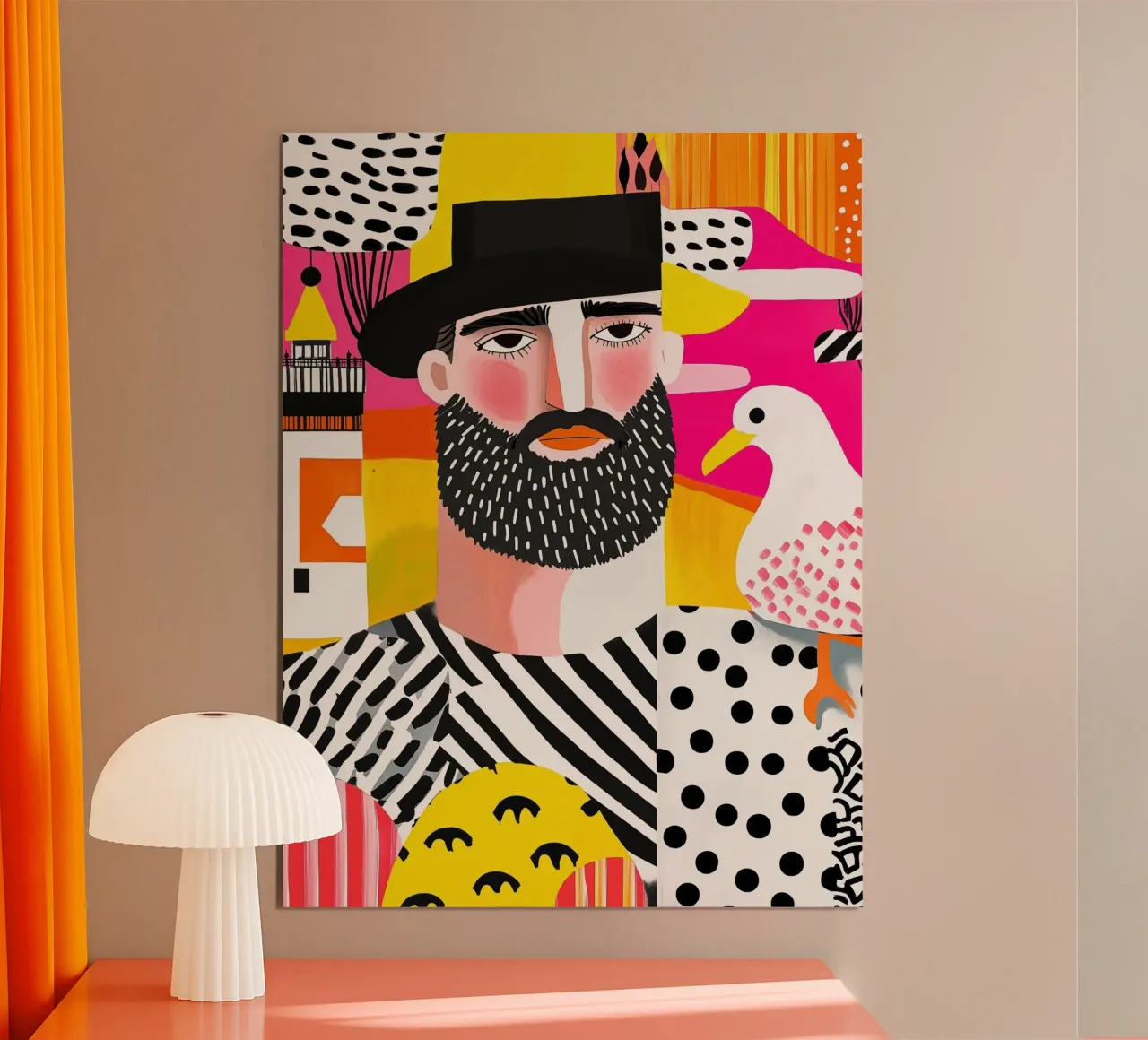Impressioni marittime con pescatore, gabbiano e faro poster con telaio in legno da Autofocus