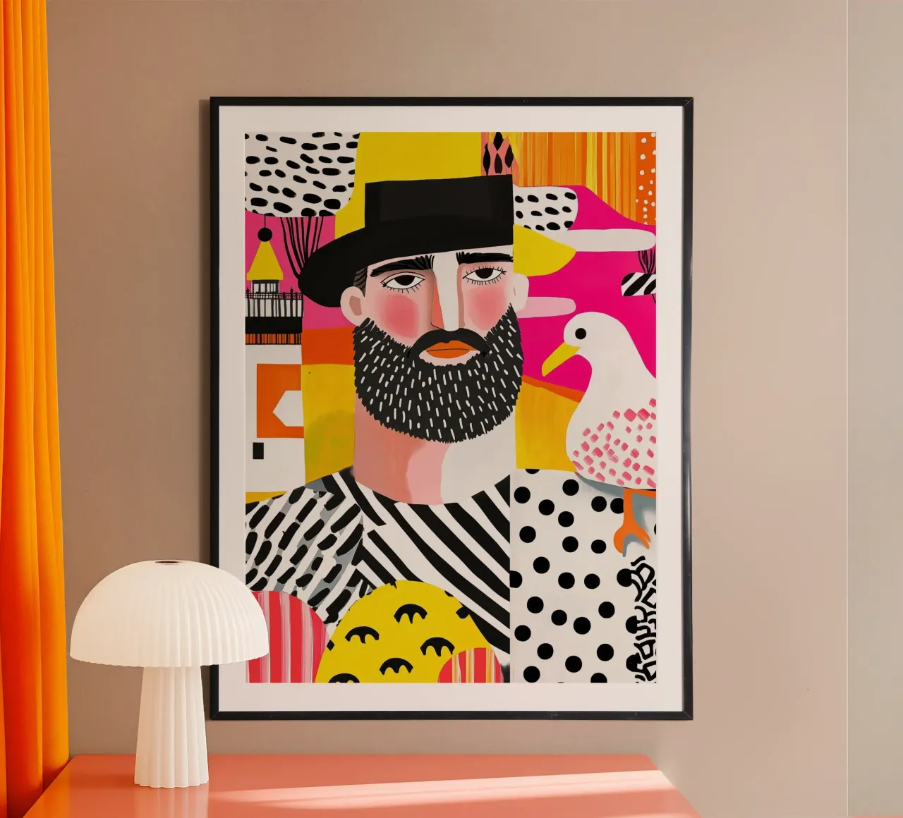 Impressioni marittime con pescatore, gabbiano e faro poster con telaio in legno da Autofocus