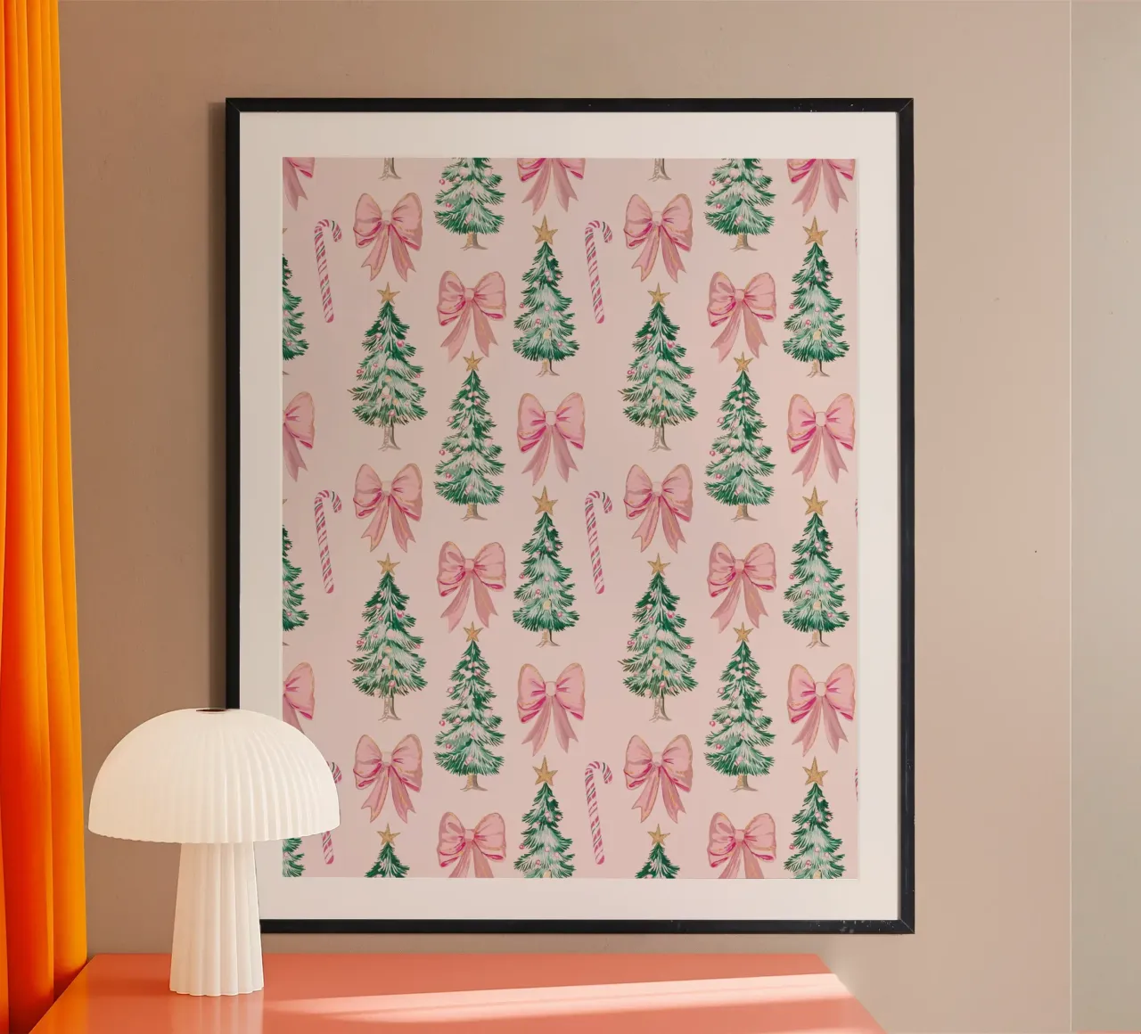 Alberi di Natale rosa Caramelle Fiocchi rosa Coquette Bastoncini di zucchero poster con telaio in legno da Gentle Echoes Art
