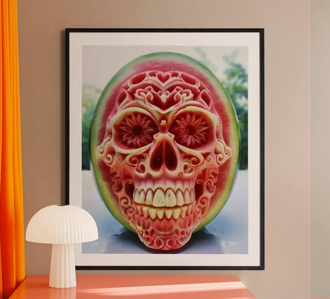 Palla di anguria | Scultura di frutta Calavera poster con telaio in plastica da Autofocus