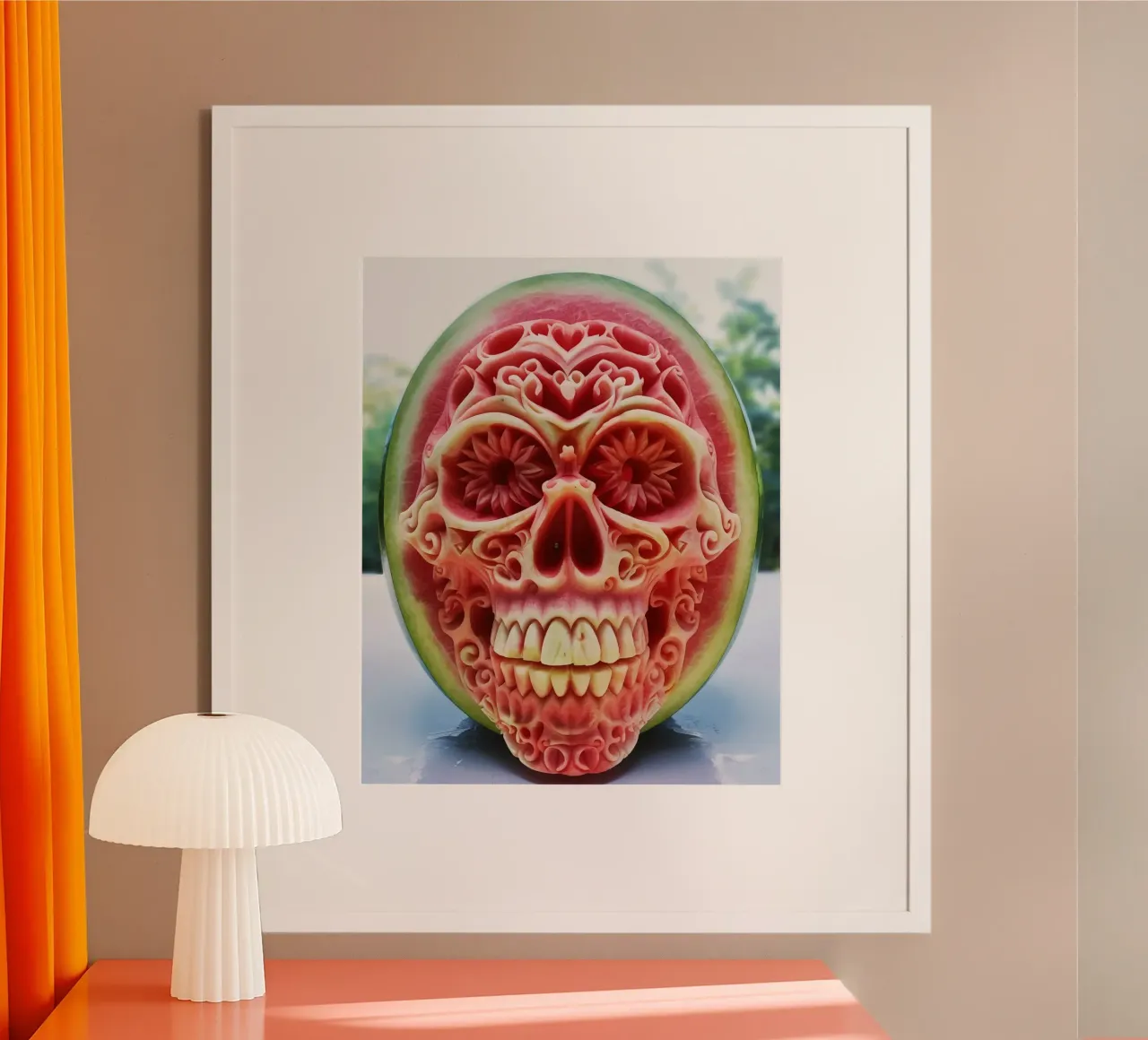 Palla di anguria | Scultura di frutta Calavera poster con telaio in plastica da Autofocus