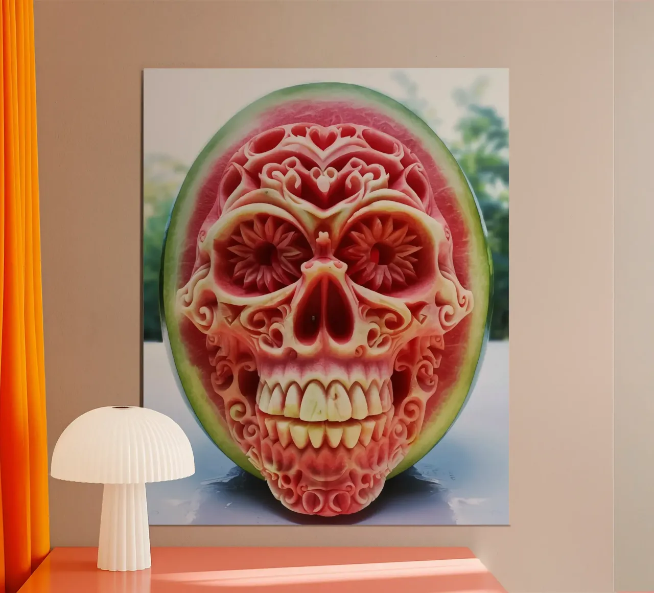 Palla di anguria | Scultura di frutta Calavera poster con telaio in plastica da Autofocus