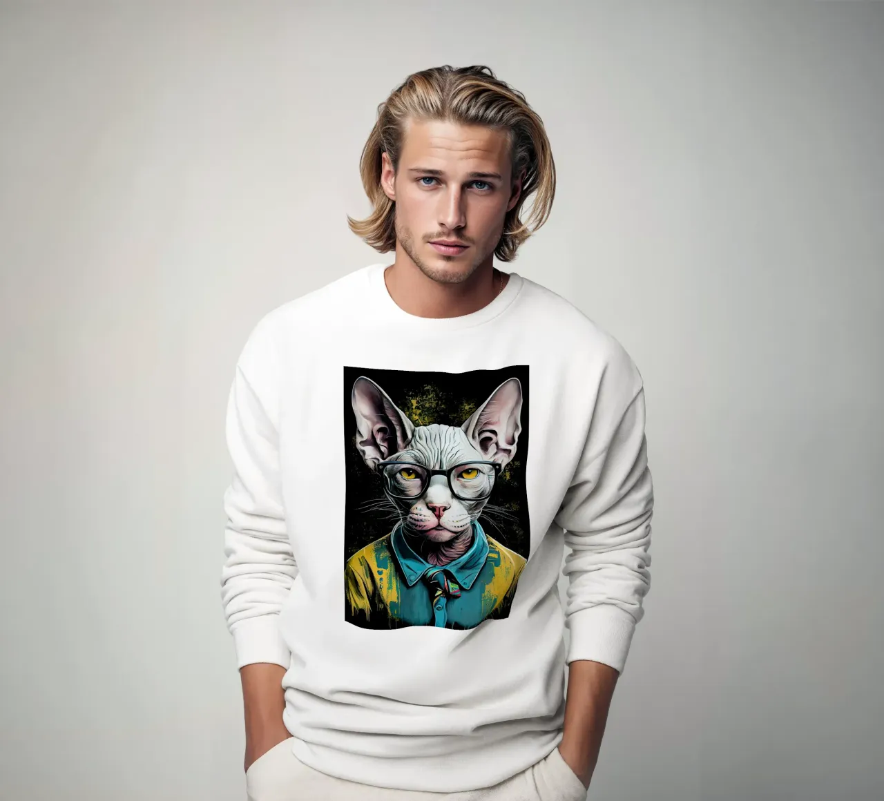 Hipster cat Ziggy animal art sweatshirt by Justyna Jaszke JBJart