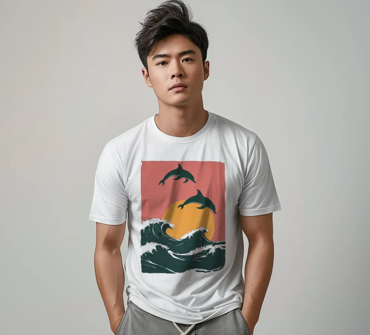 Maritime motif with waves, dolphins, setting sun t-shirt by Autofocus