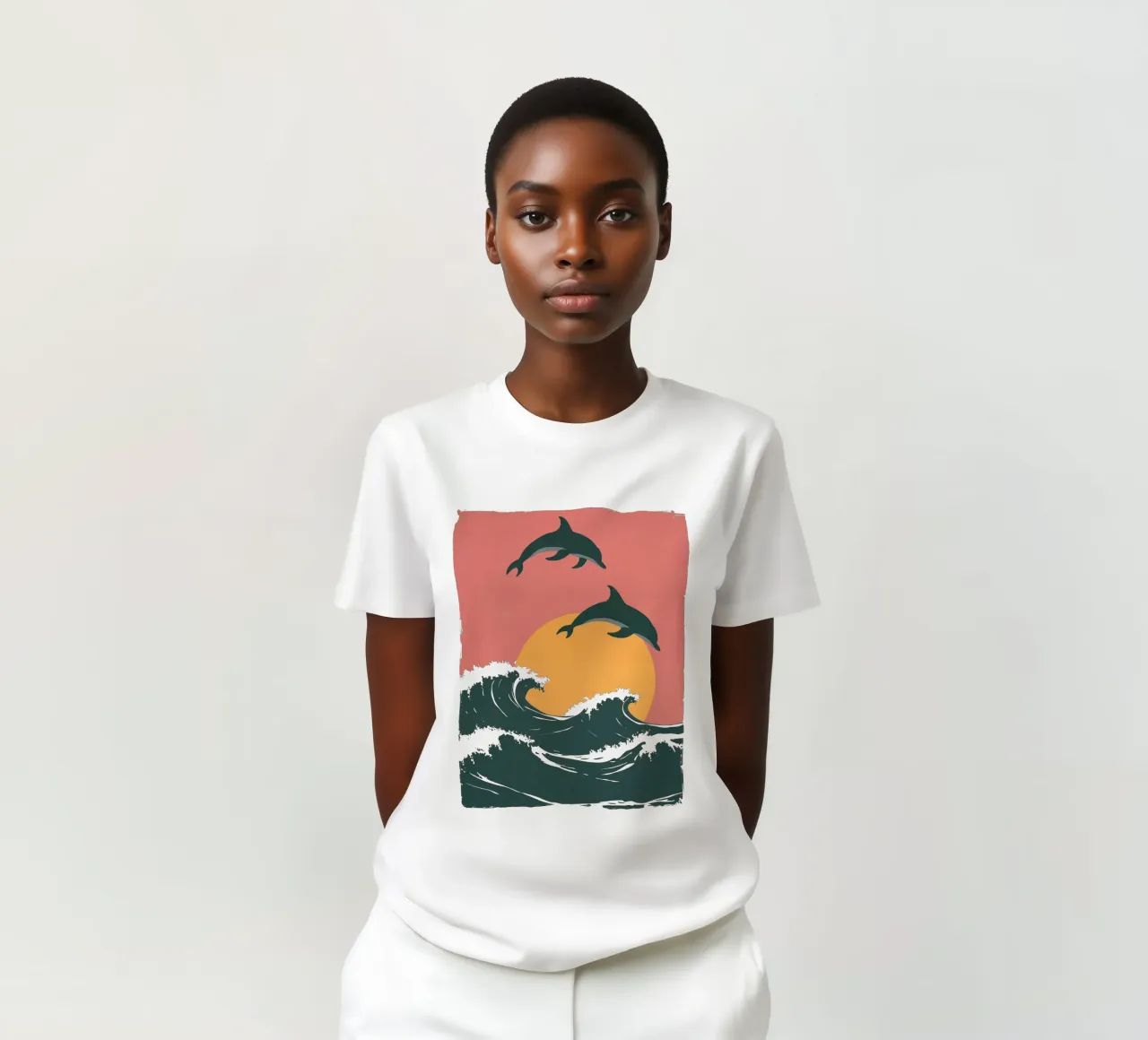 Maritime motif with waves, dolphins, setting sun t-shirt by Autofocus