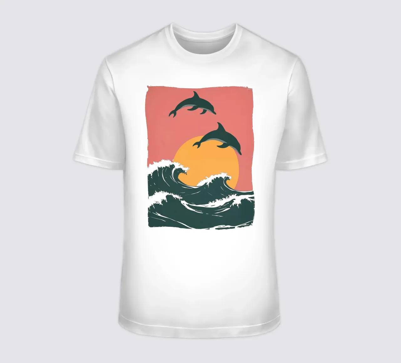 Maritime motif with waves, dolphins, setting sun t-shirt by Autofocus