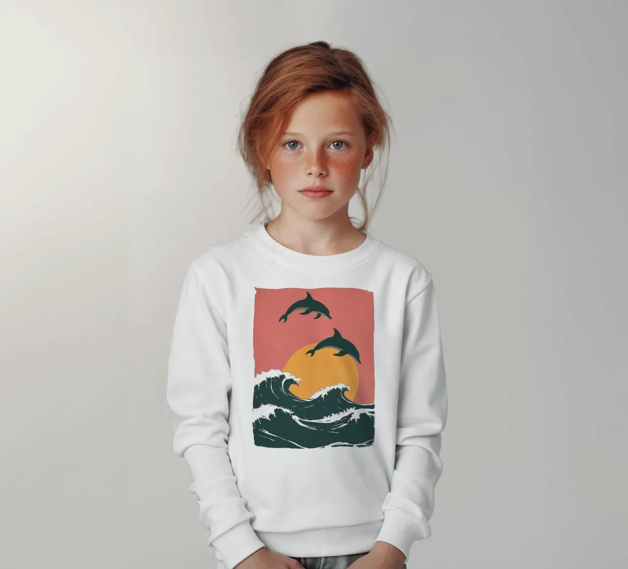 Maritimes Motiv mit Wellen, Delphinen, untergehender Sonne Kinder Sweatshirt von Autofocus