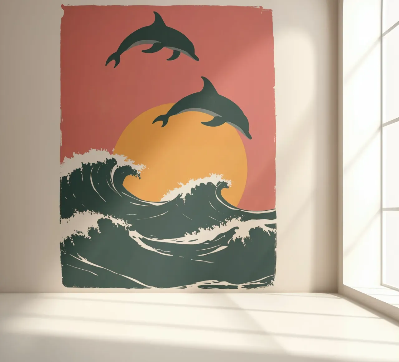 Maritime motif with waves, dolphins, setting sun photo wallpaper by Autofocus