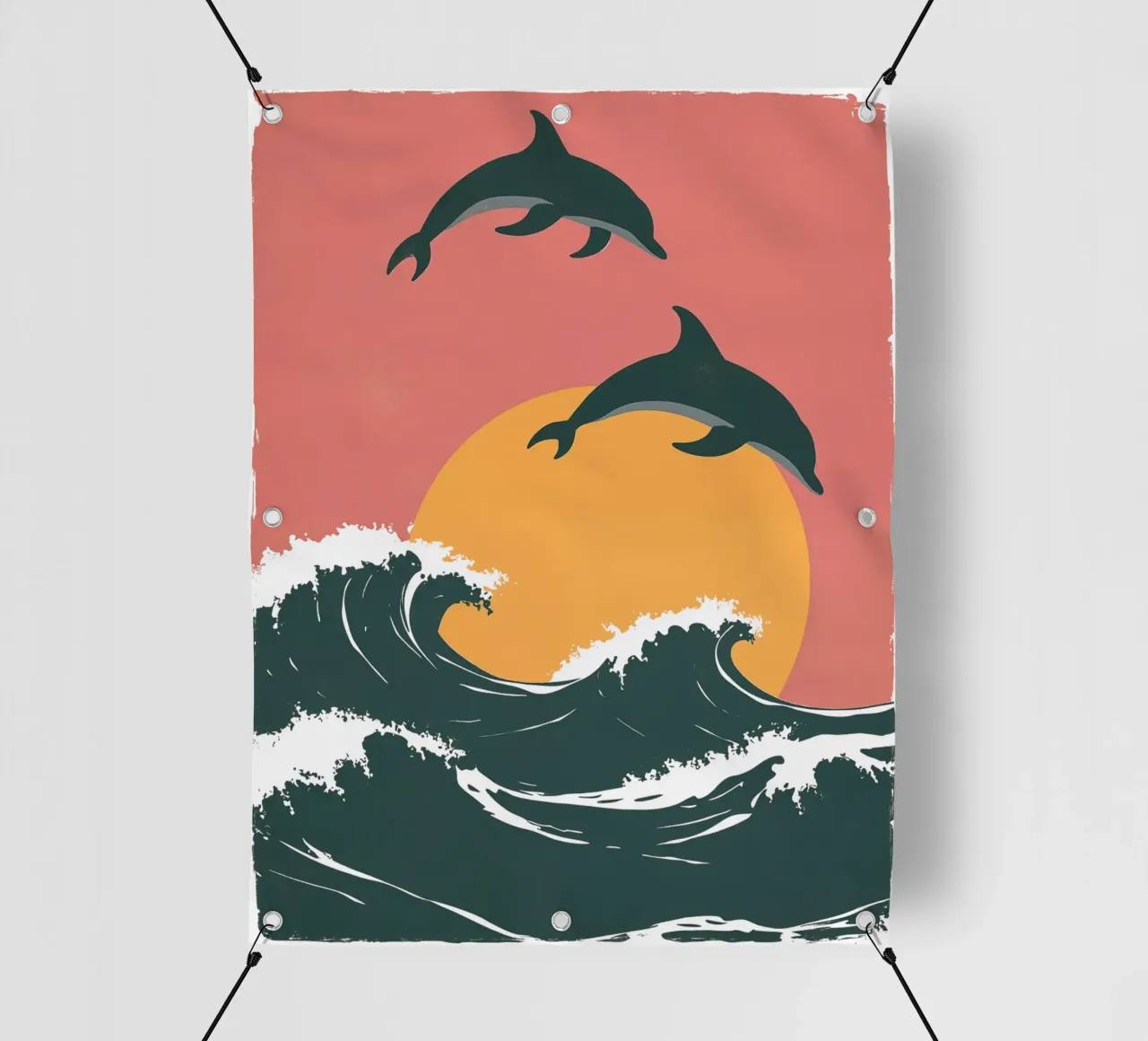Motif maritime avec vagues, dauphins, soleil couchant bâche pvc de Autofocus