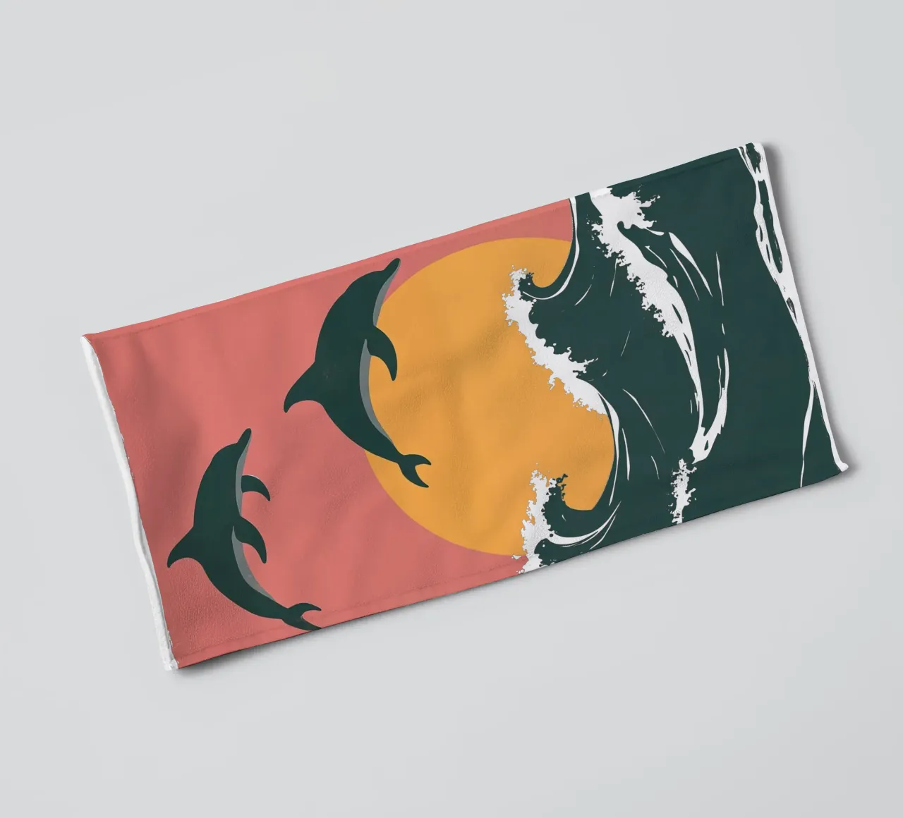 Maritime motif with waves, dolphins, setting sun towel by Autofocus