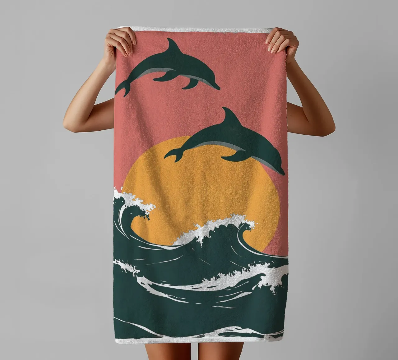 Maritime motif with waves, dolphins, setting sun towel by Autofocus
