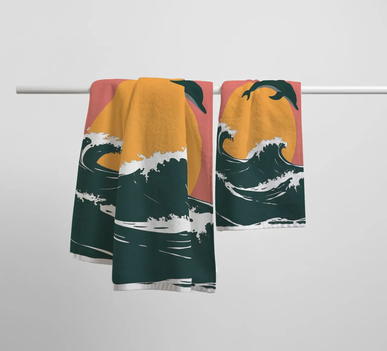 Maritime motif with waves, dolphins, setting sun towel by Autofocus