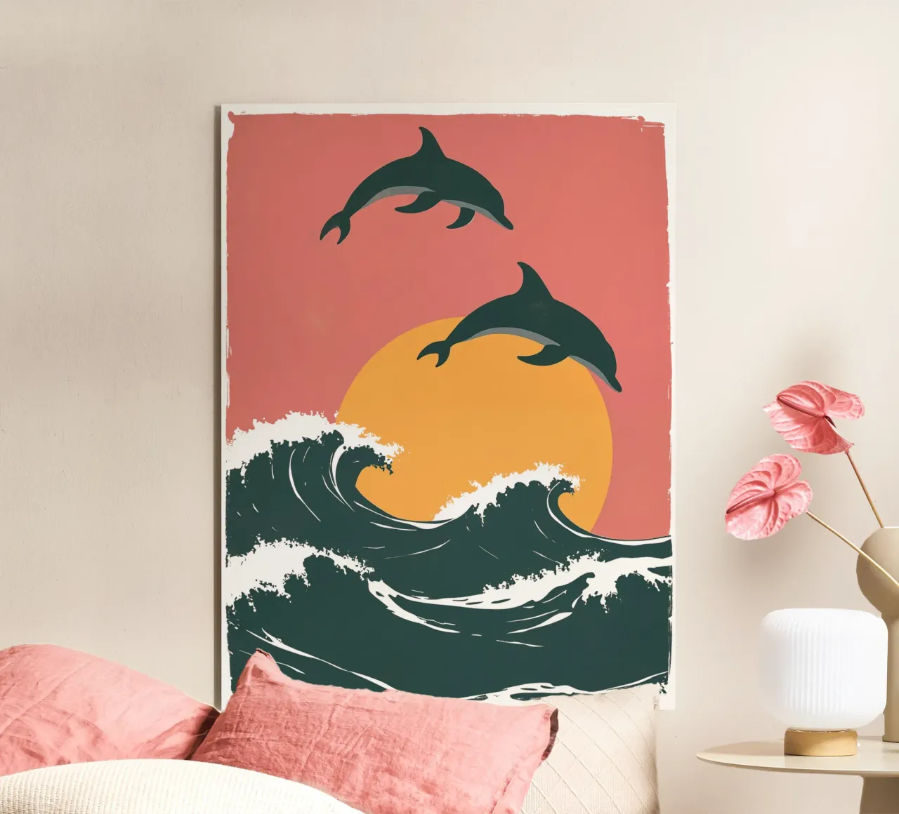Maritime motif with waves, dolphins, setting sun alu-dibond by Autofocus