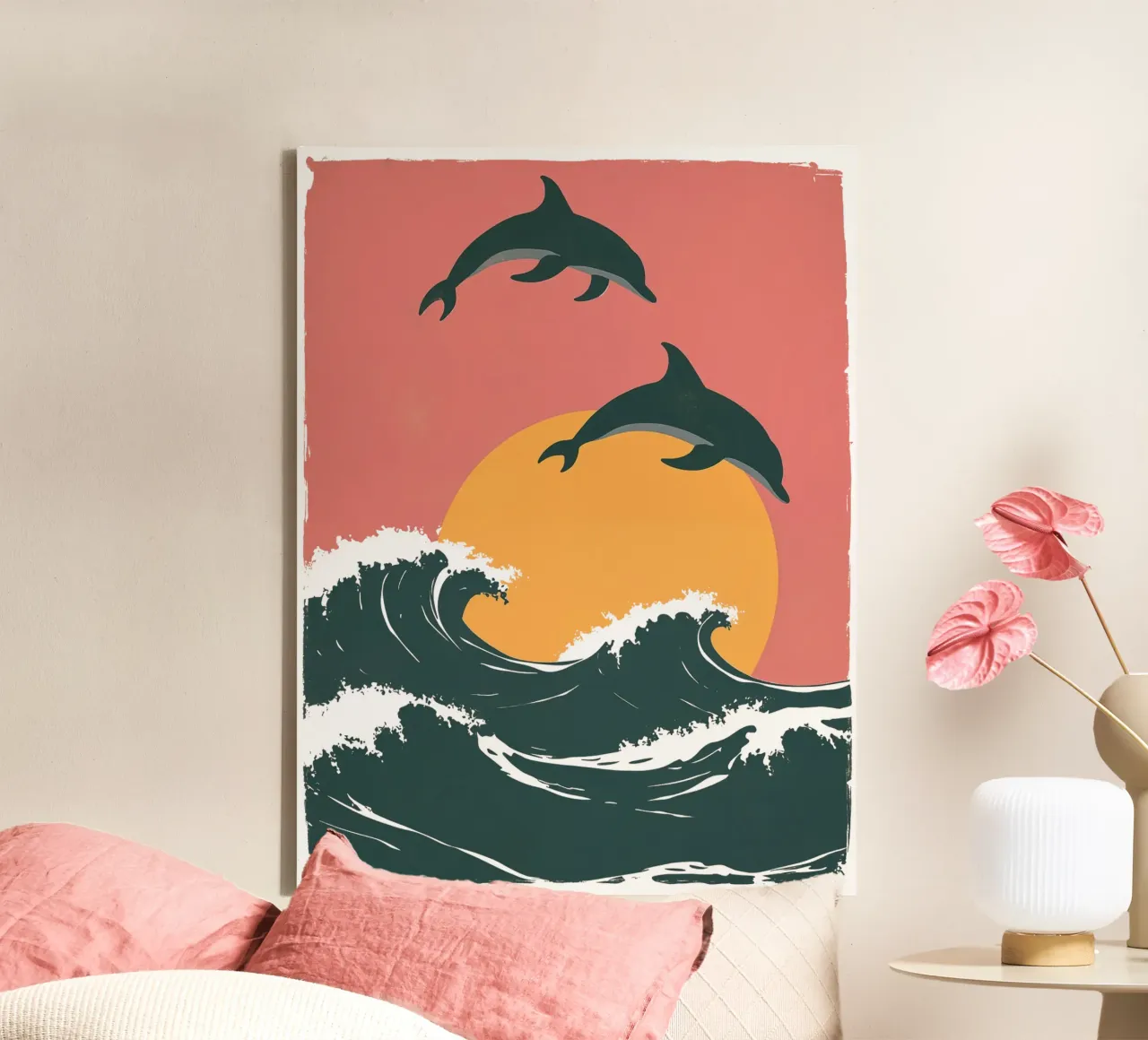 Maritime motif with waves, dolphins, setting sun canvas by Autofocus