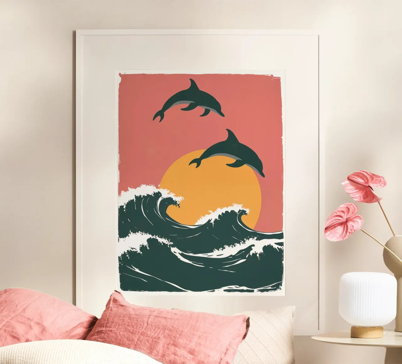 Maritime motif with waves, dolphins, setting sun hahnemühle by Autofocus