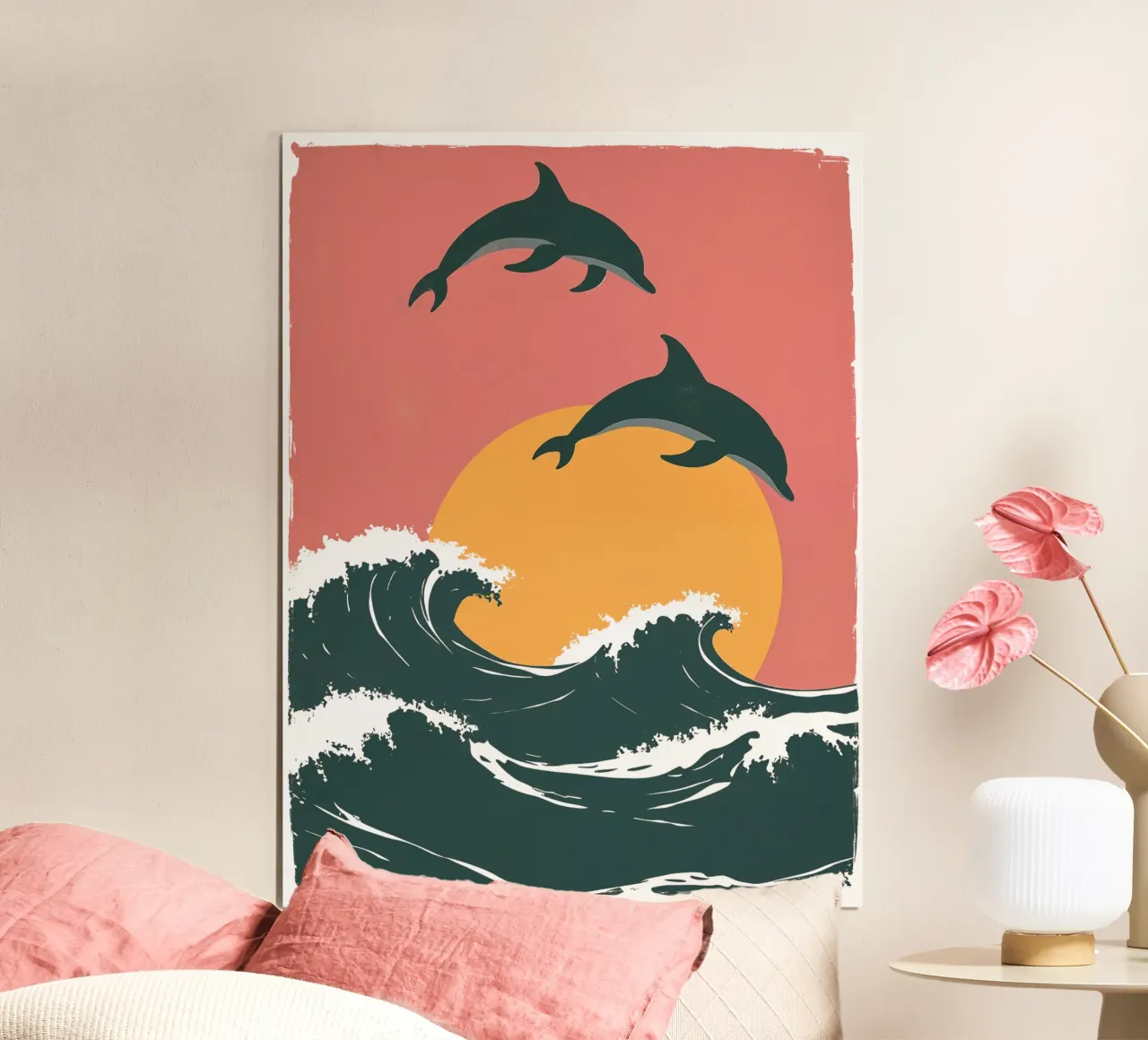Maritime motif with waves, dolphins, setting sun hahnemühle by Autofocus