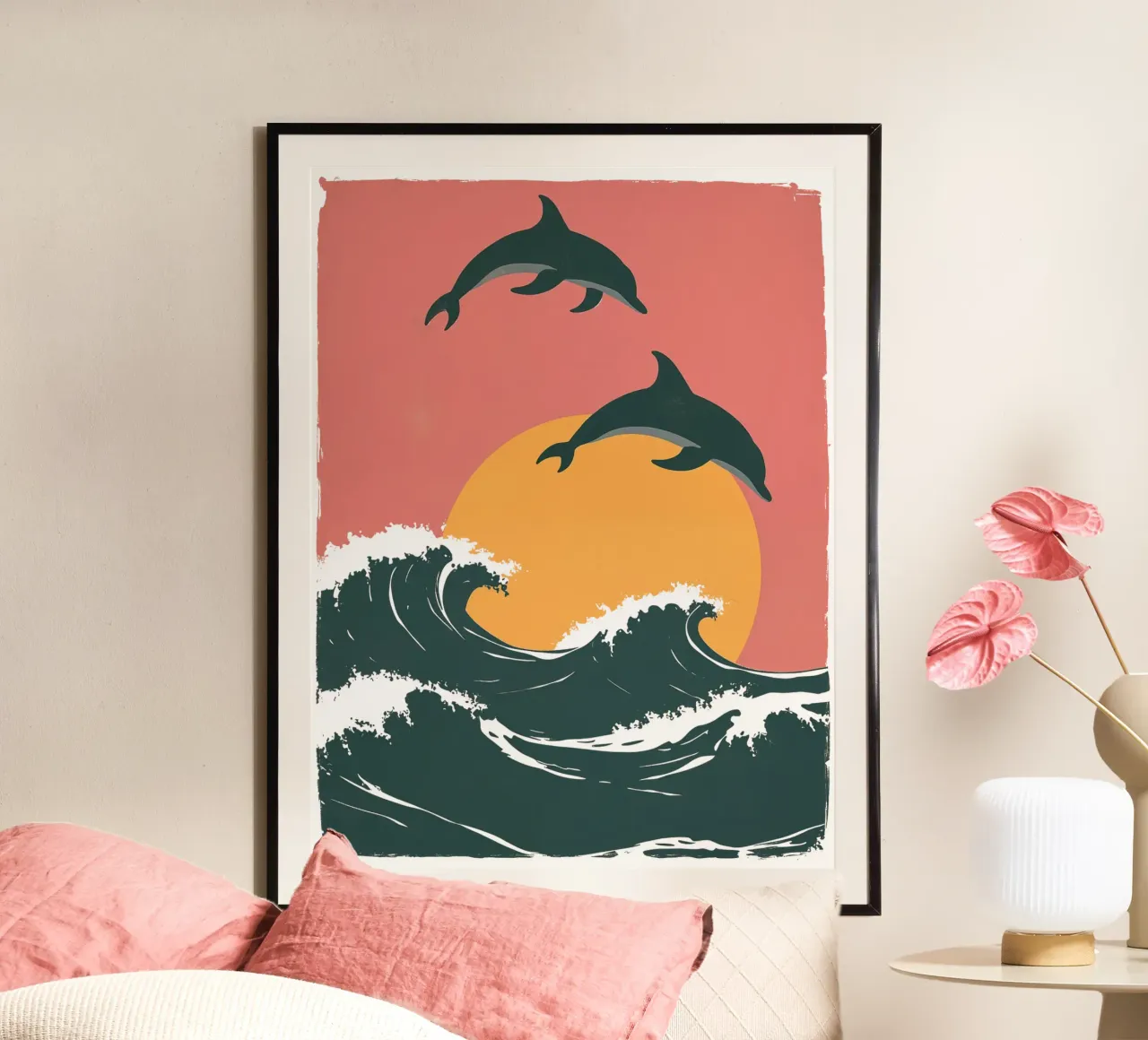 Maritime motif with waves, dolphins, setting sun hahnemühle by Autofocus