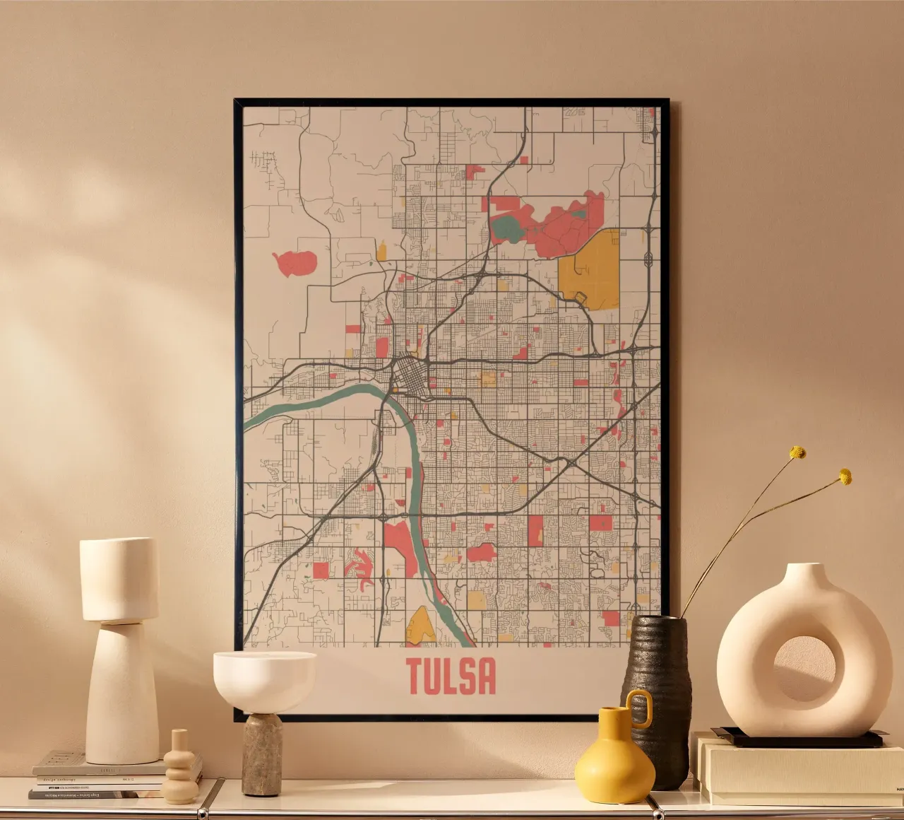 Mappa della città di Tulsa poster con telaio in alluminio da MOOODZART