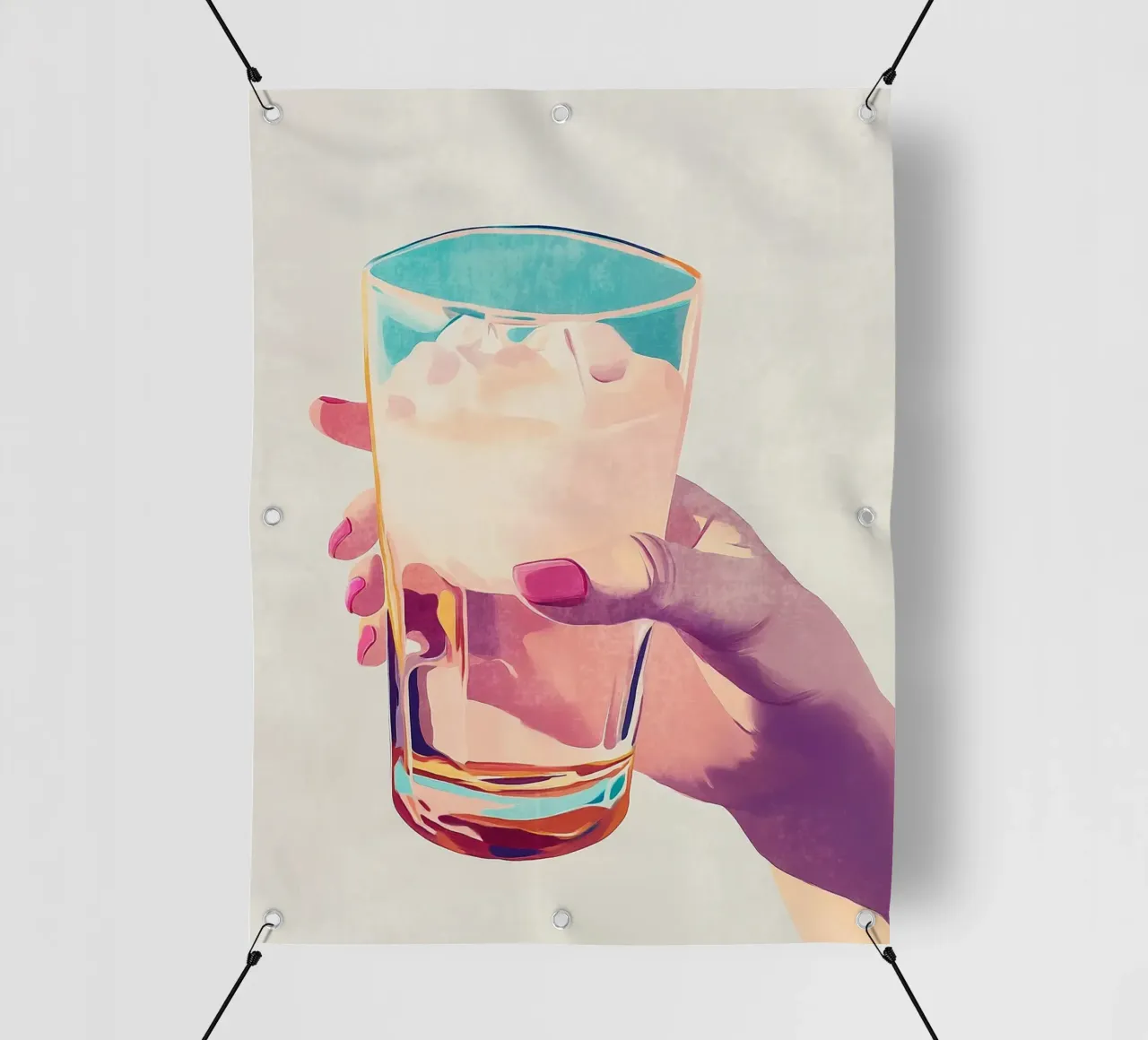 Mano femminile con bicchiere telo in pvc da Carinaprint