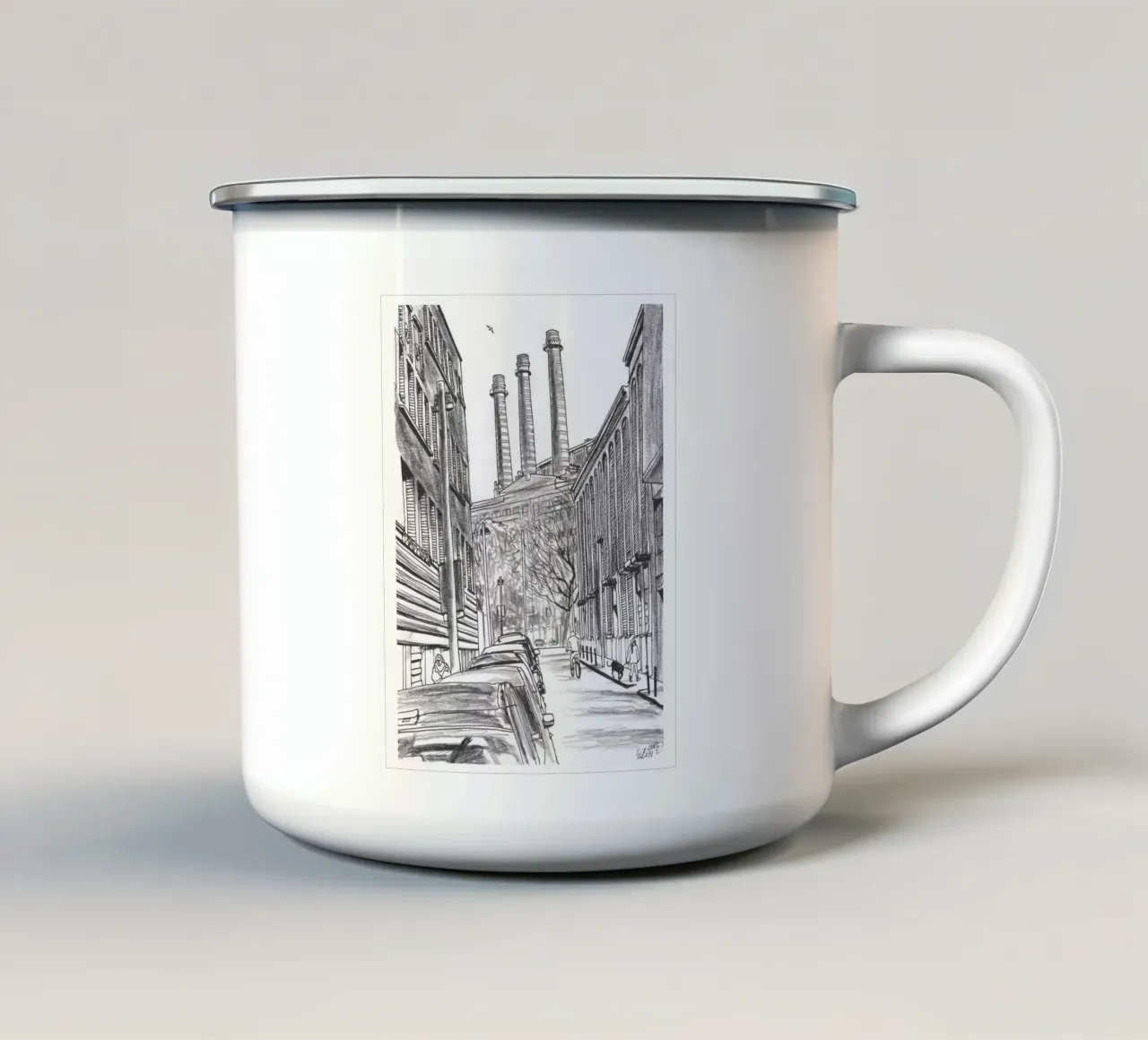 Tres chimeneas taza de esmalte de Asobōze