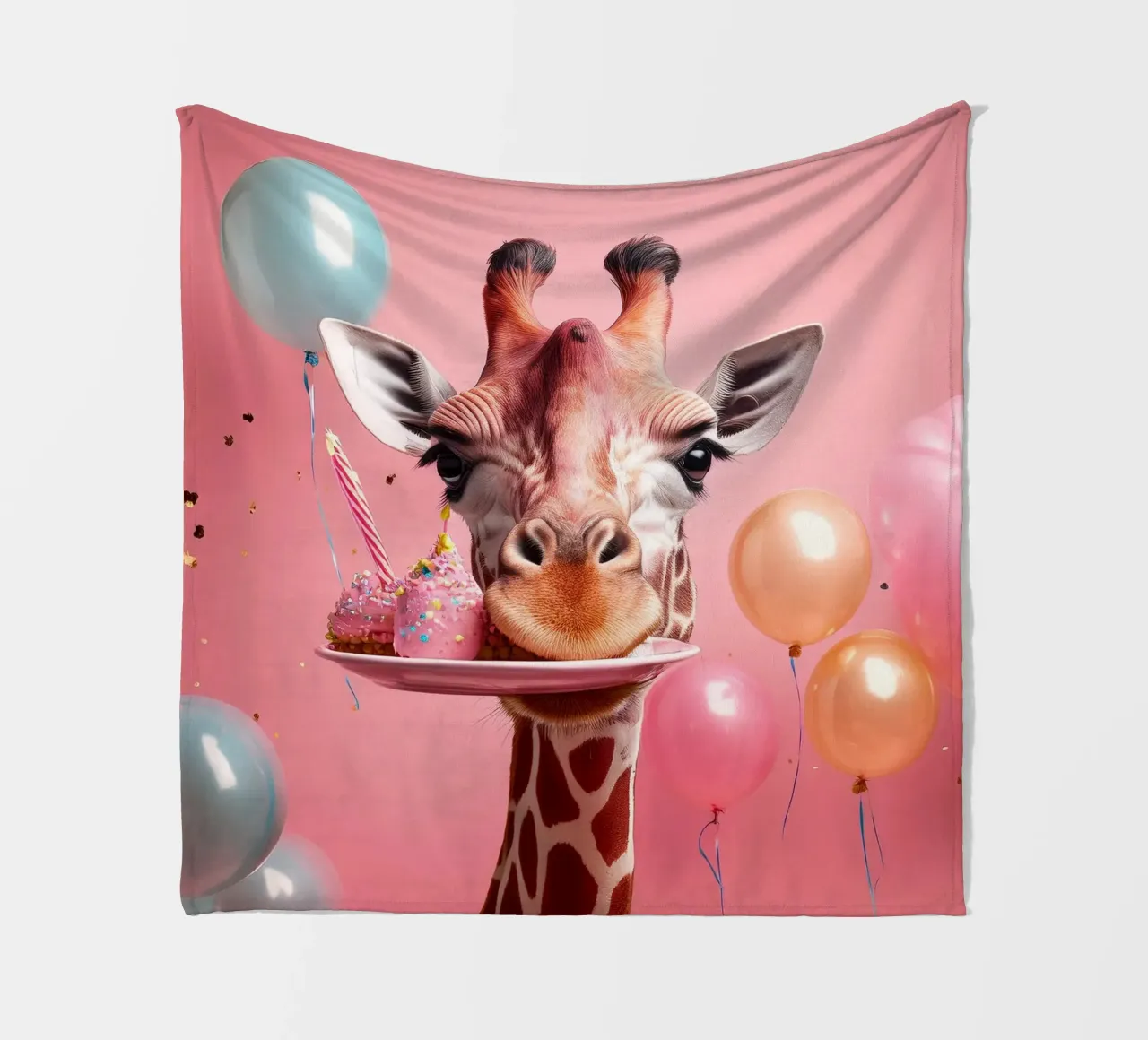 Celebrazione del compleanno di una giraffa giocosa con palloncini e dolci coperta in pile da FlexiDesignsByK