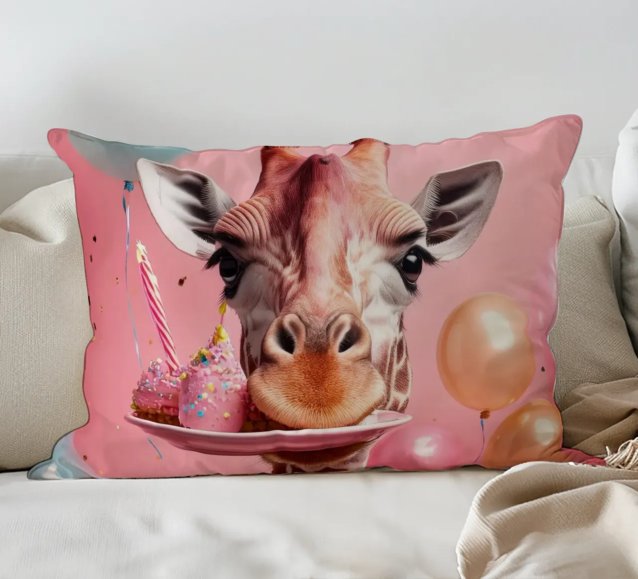 Celebrazione del compleanno di una giraffa giocosa con palloncini e dolci cuscino da FlexiDesignsByK