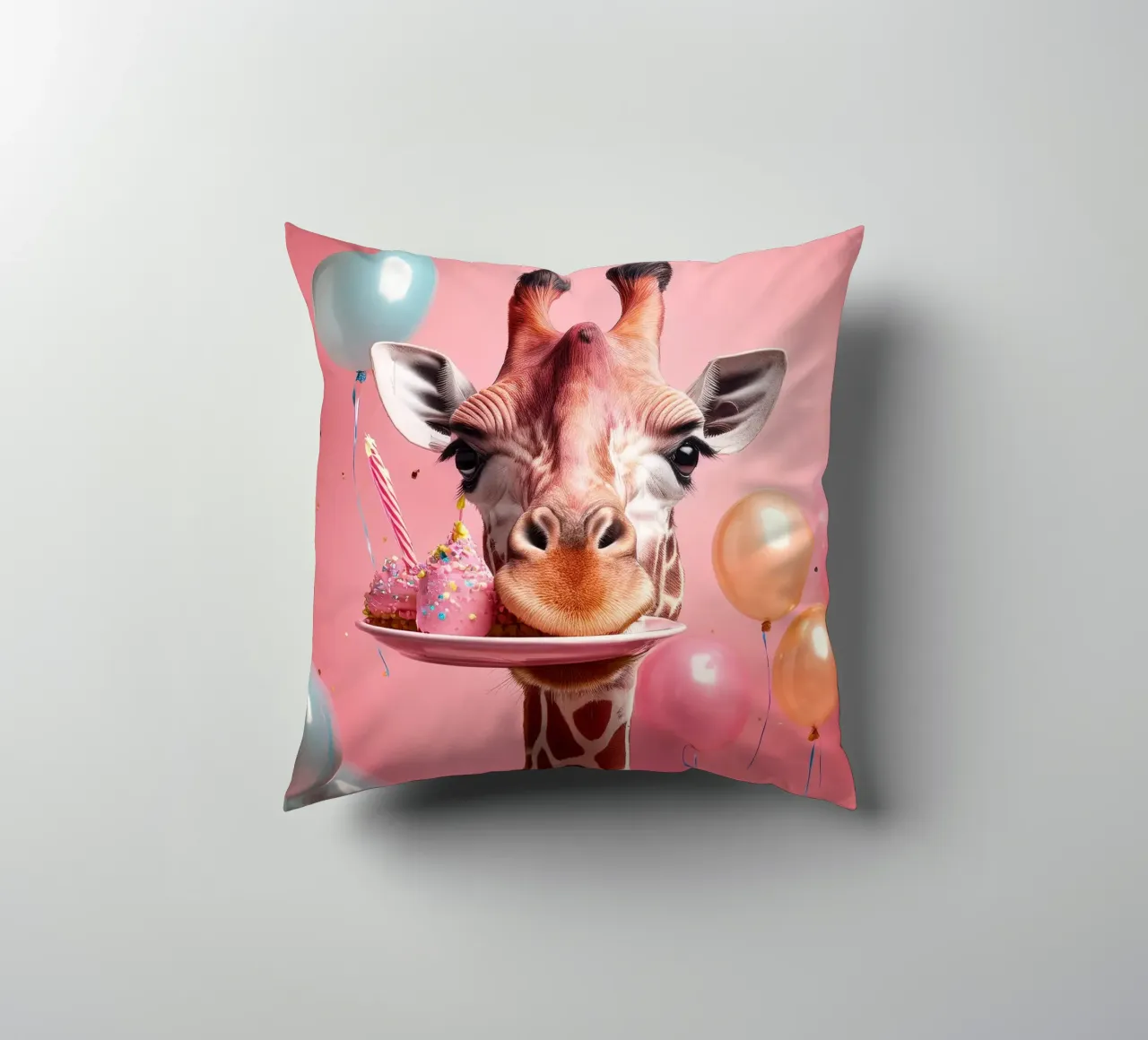 Celebrazione del compleanno di una giraffa giocosa con palloncini e dolci cuscino da FlexiDesignsByK