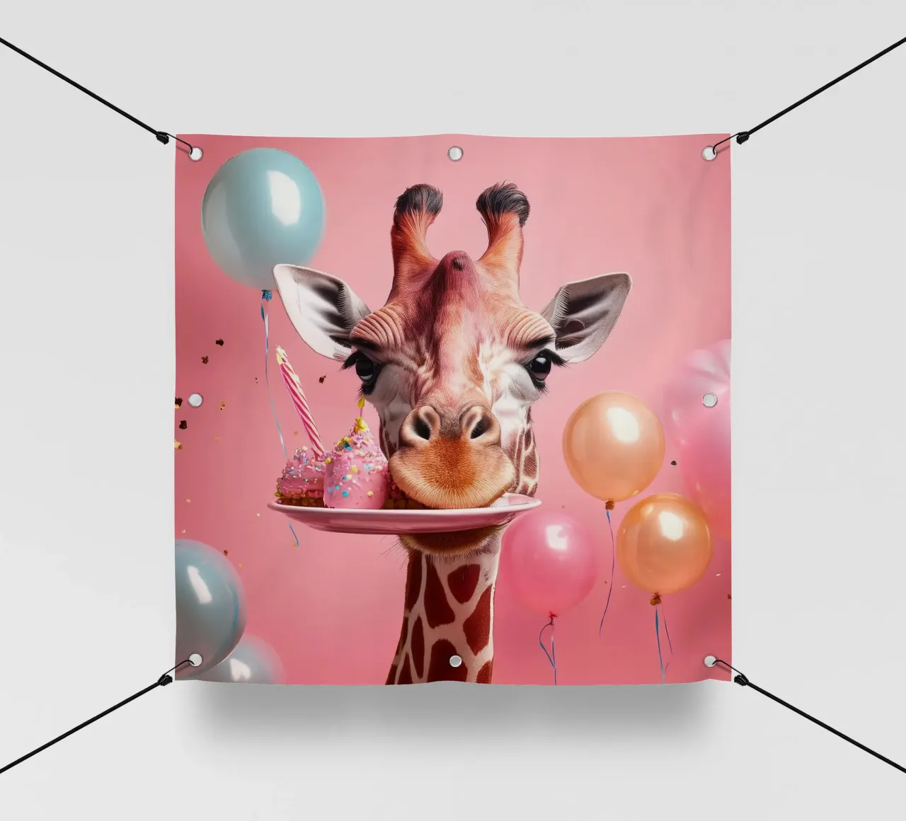 Celebrazione del compleanno di una giraffa giocosa con palloncini e dolci telo in pvc da FlexiDesignsByK