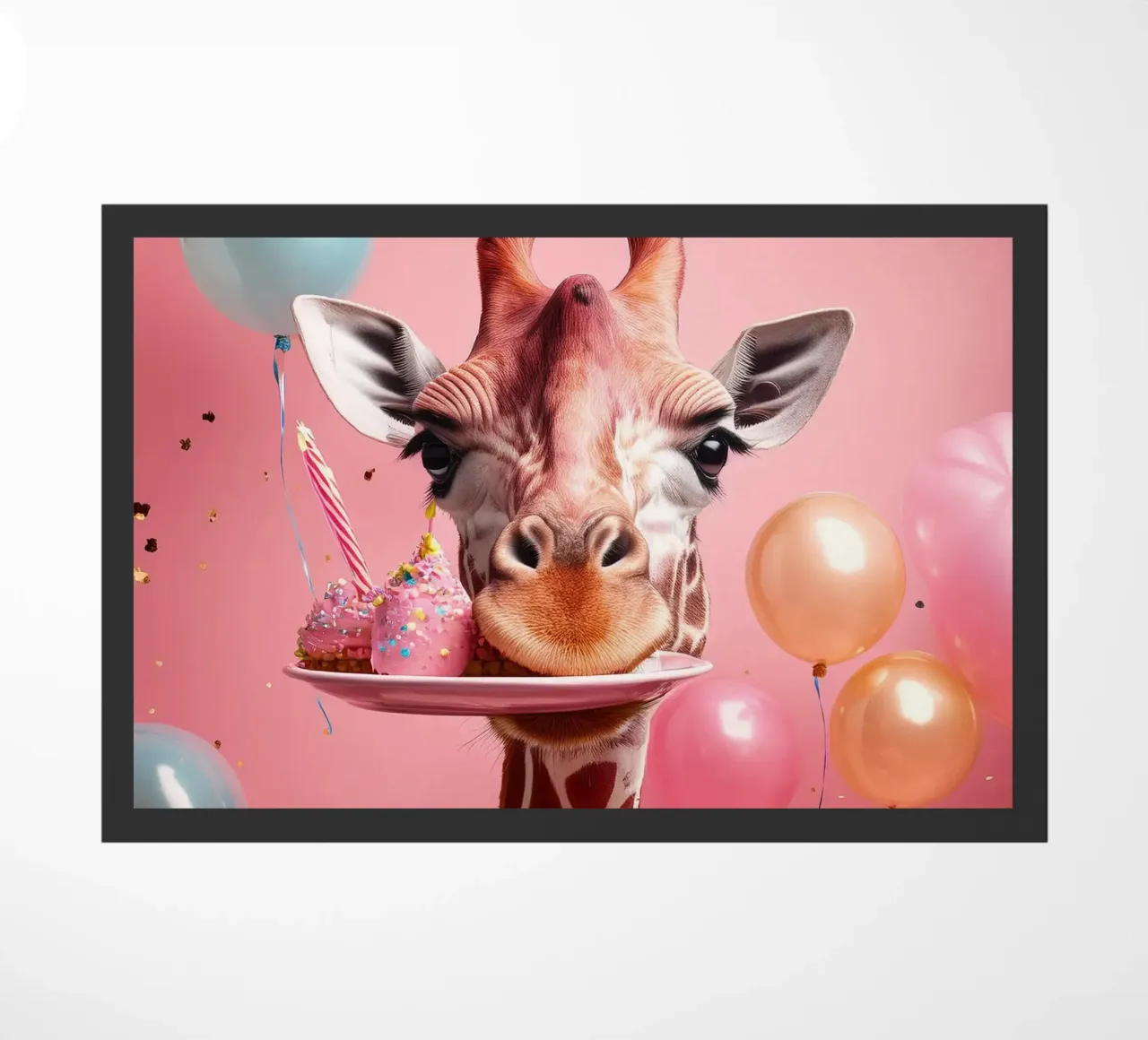 Celebrazione del compleanno di una giraffa giocosa con palloncini e dolci zerbino da FlexiDesignsByK