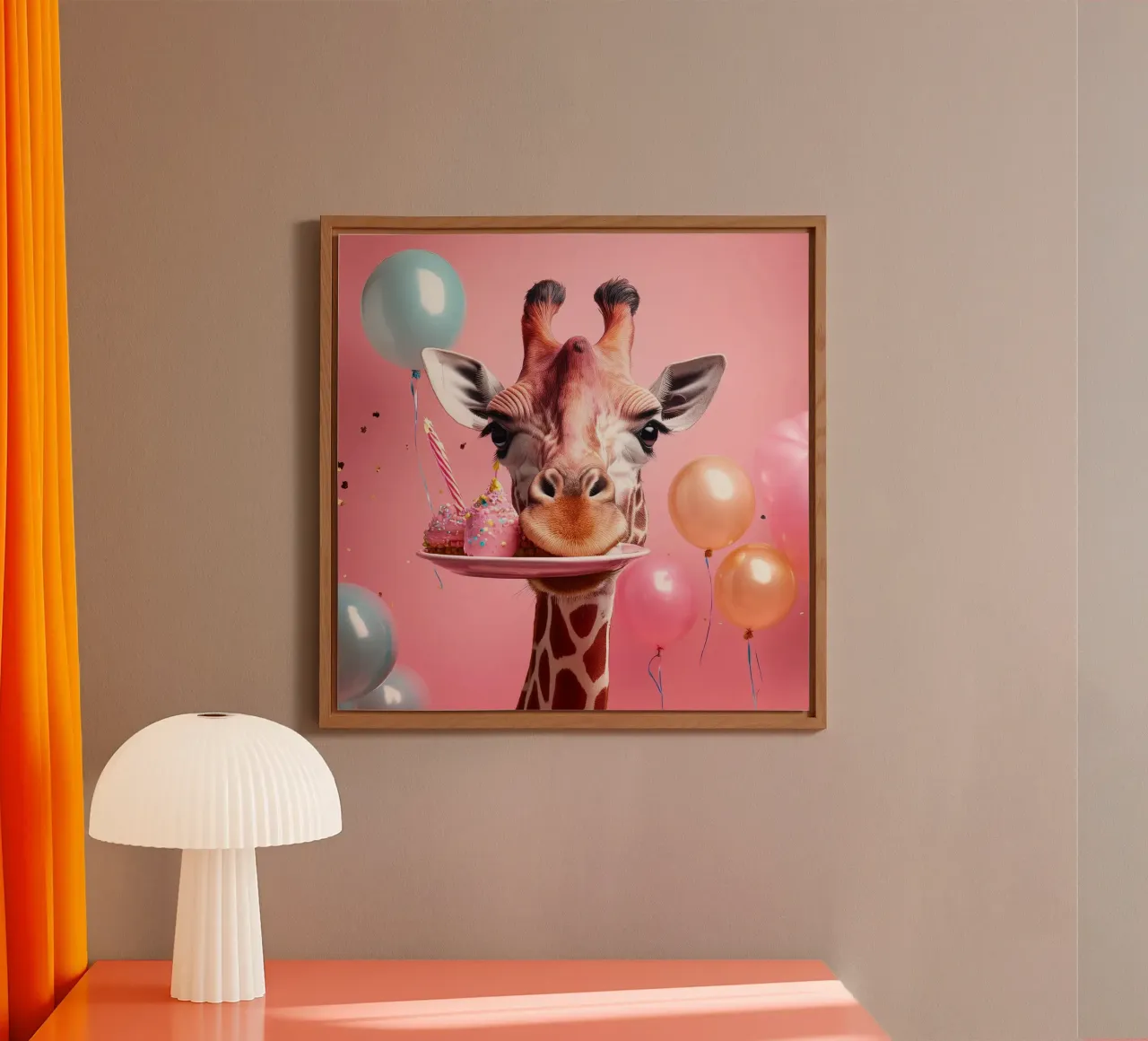 Celebrazione del compleanno di una giraffa giocosa con palloncini e dolci alluminio dibond da FlexiDesignsByK