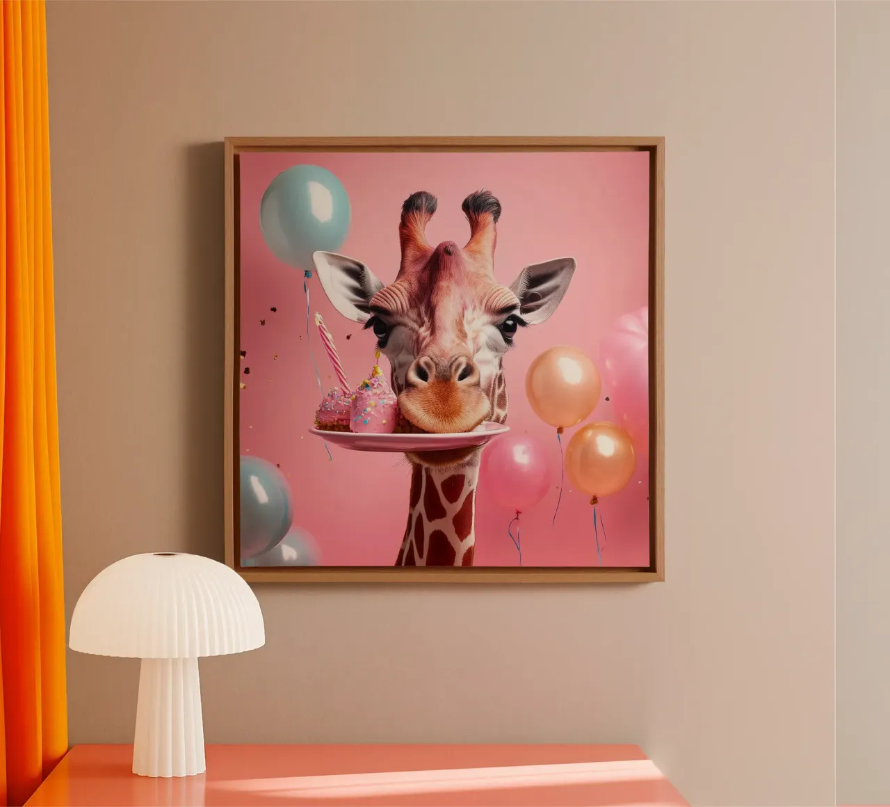 Celebrazione del compleanno di una giraffa giocosa con palloncini e dolci tela con Cornice a cassetta da FlexiDesignsByK